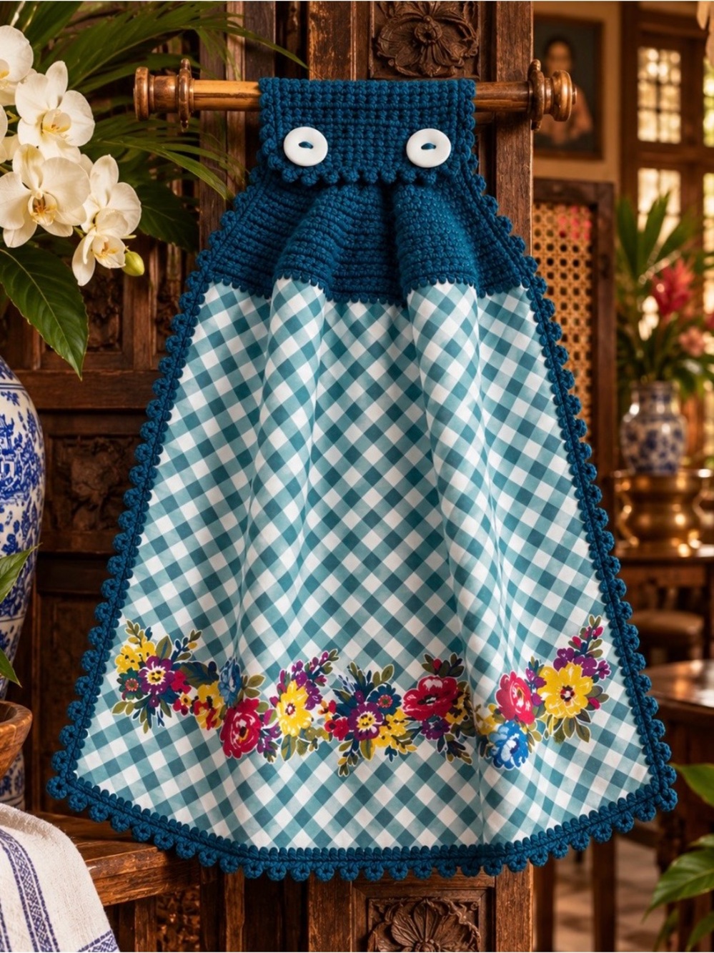 Handmade Crochet Hanging Kitchen Towel Teal Gingham Floral